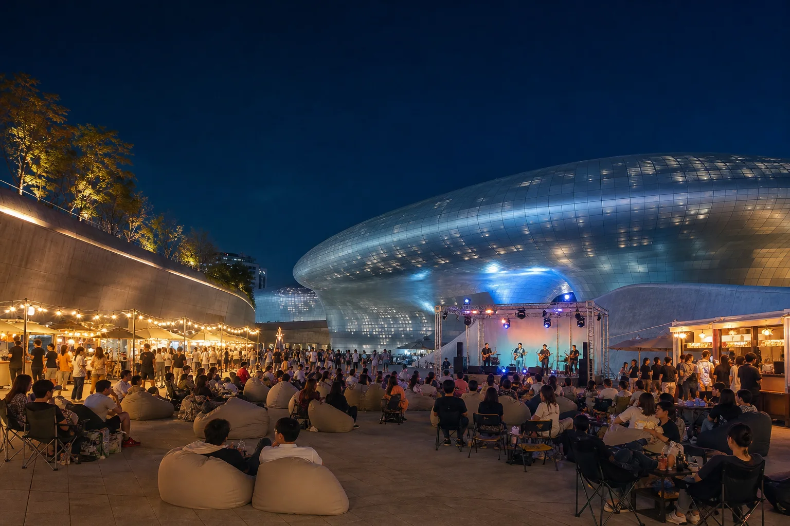An original editorial night scene of an outdoor music festival beside Dongdaemun Design Plaza
