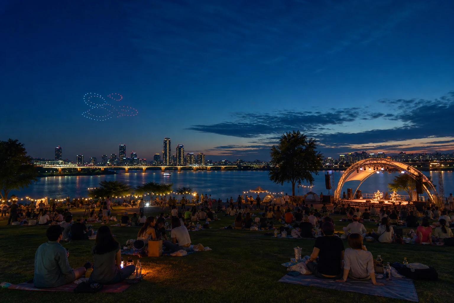 An original editorial night scene of visitors picnicking beside the Hangang River during a summer music event