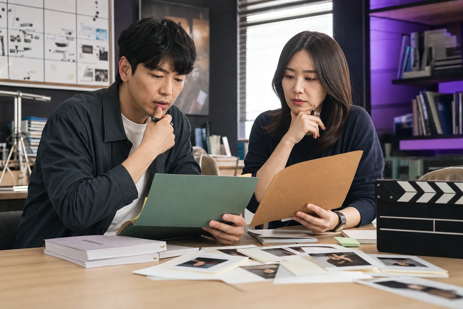 Two drama production staff comparing scripts and casting folders in a studio office