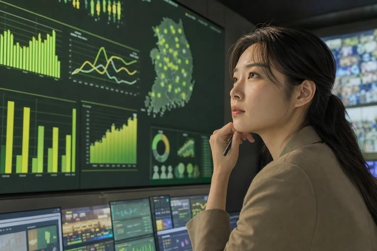 A media analyst examining abstract audience charts and a map of South Korea