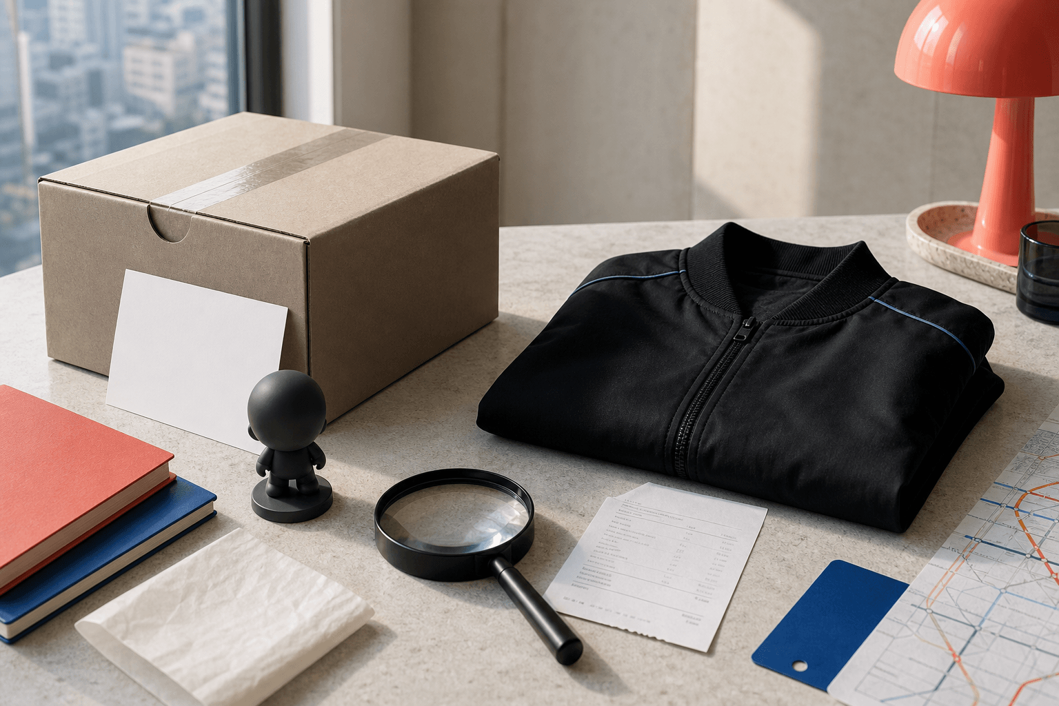An original editorial still life showing a generic shipping box, folded jacket, blank order card, collectible figure, magnifying glass and transit map