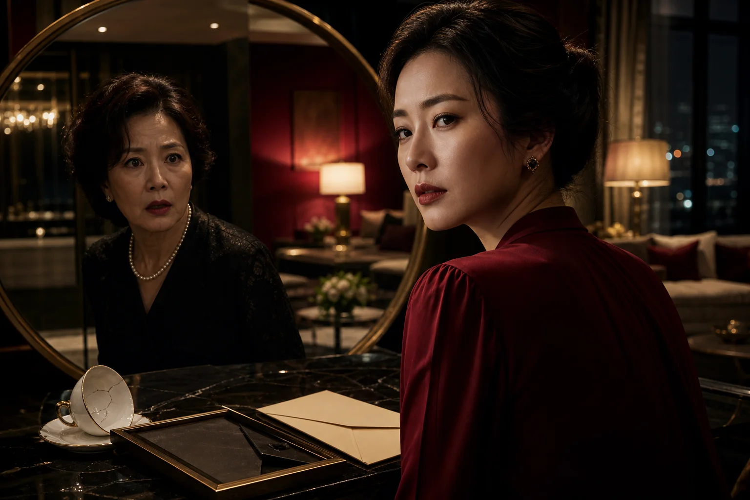 Two women in a tense luxurious room reflected in a mirror beside a cracked teacup