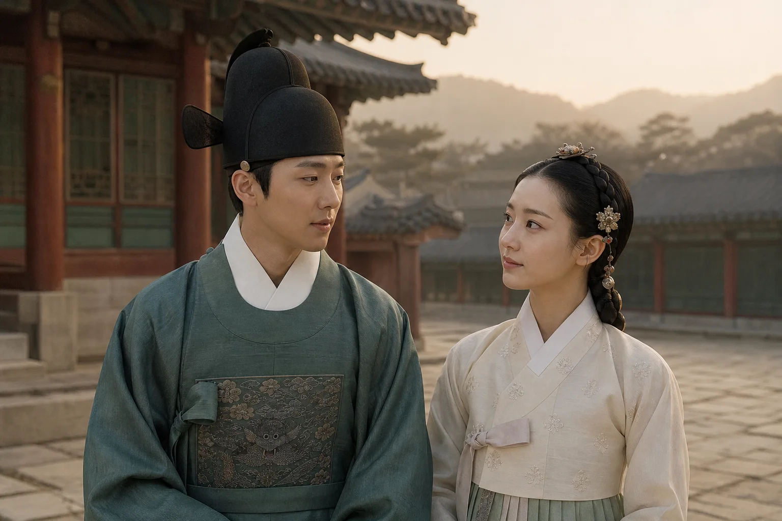 A Joseon court scholar and noblewoman standing in a palace courtyard at sunrise