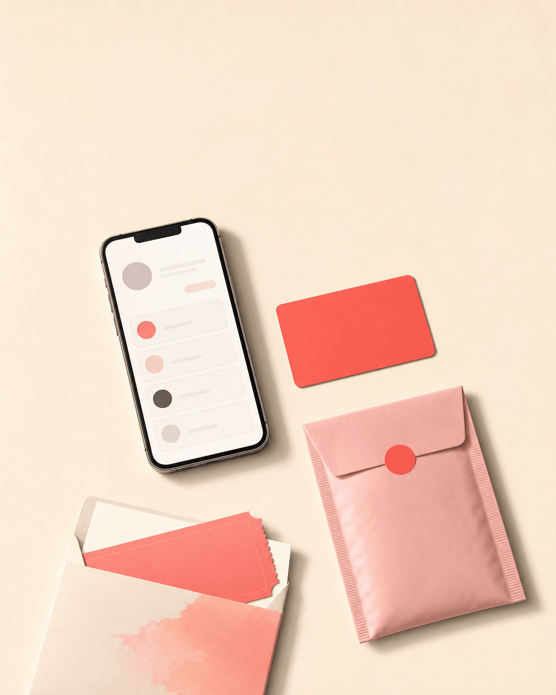 Original editorial still life with a blank coral membership card, smartphone, mailer and ticket sleeve
